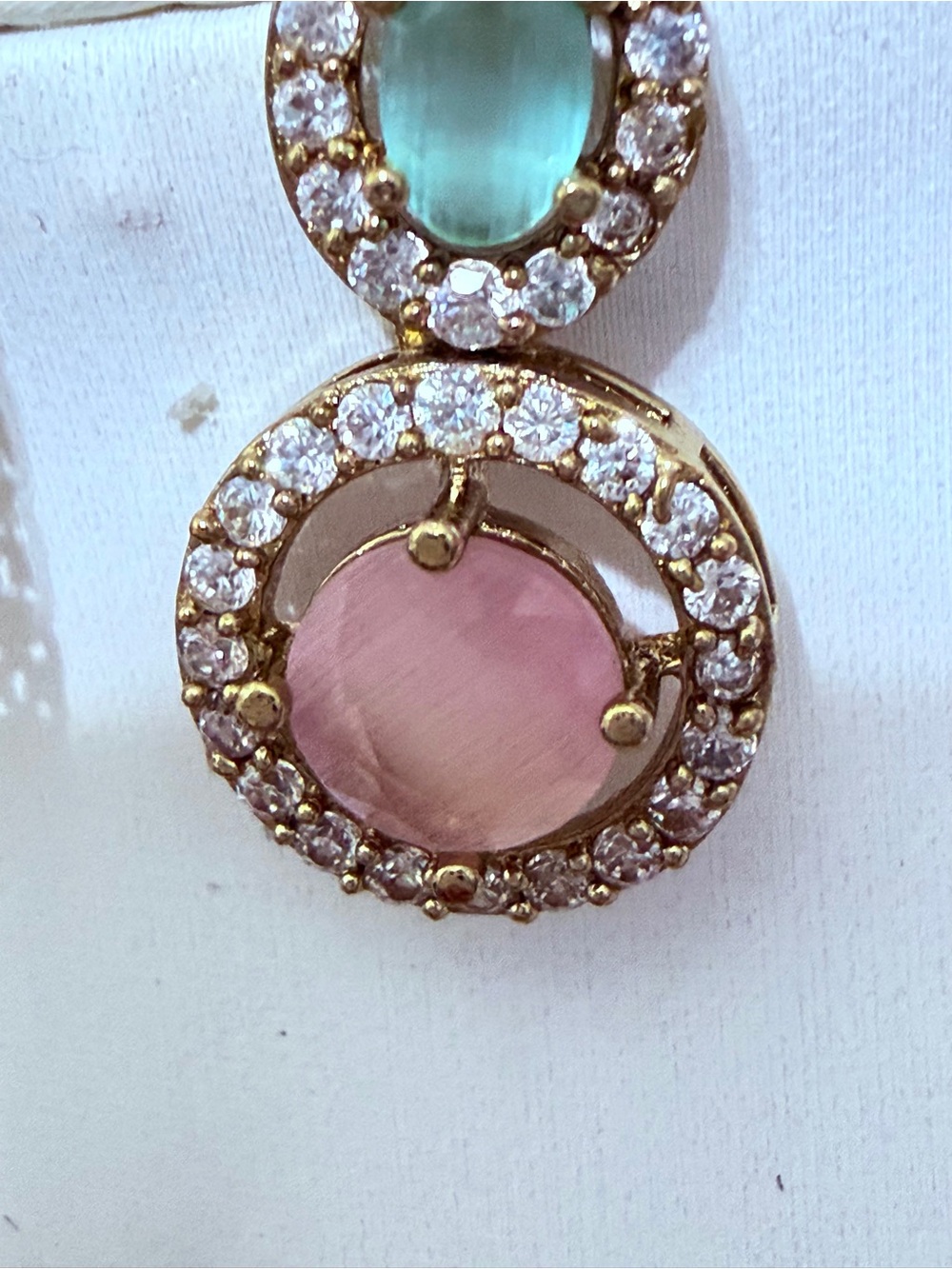 Gold-tone Pink and Mint Oval Crystal Necklace & Earring Set with Monalisa Stone - Picture 3 of 6